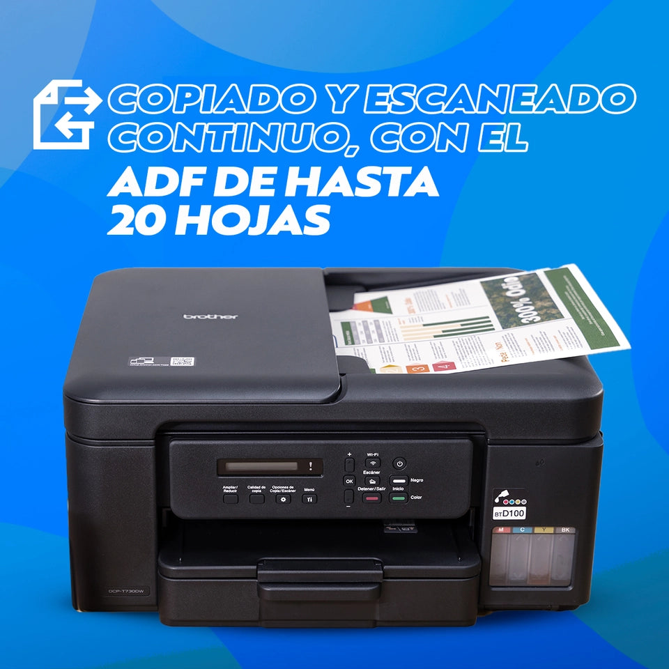 Impresora BROTHER DCP-T730DW / Multifuncional a Color con Wi-Fi, Escáner, ADF y Sistema de Tinta