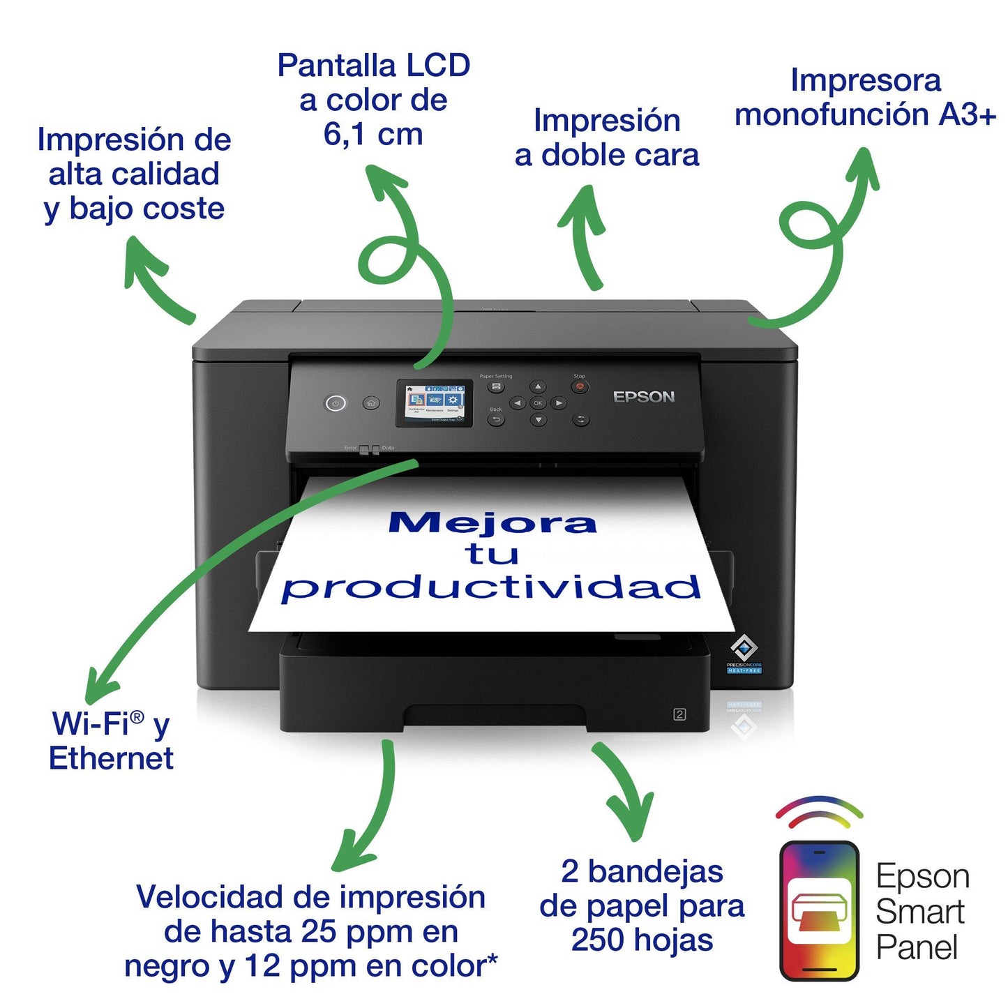 Impresora EPSON WorkForce 7310-DTWF / Monofuncional Tabloide a Color con Wi-Fi, ADF y Sistema de Tinta